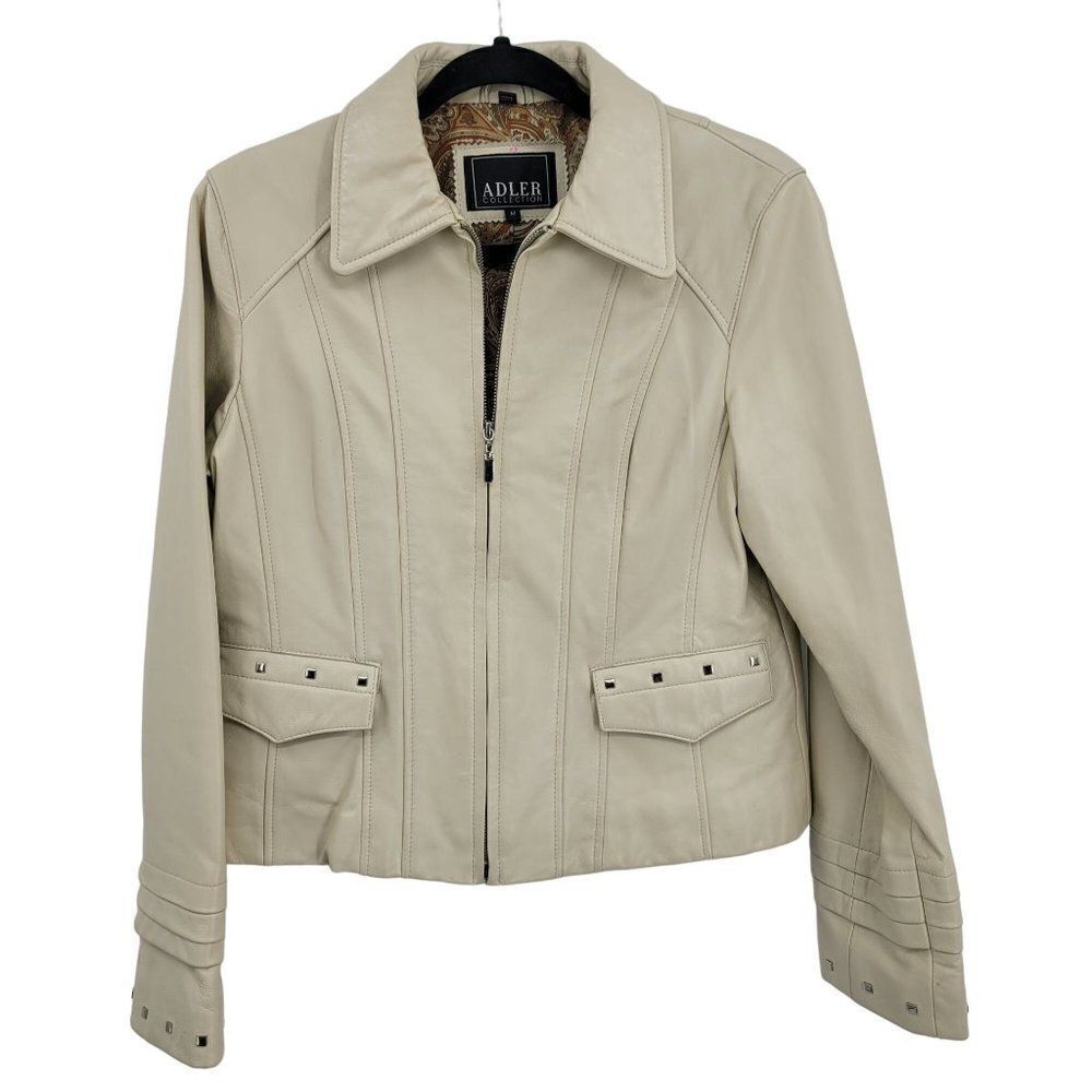 Adler Collection Lamb‎ Skin Leather Moto Jacket M Cream Retro 70s Studded Zip